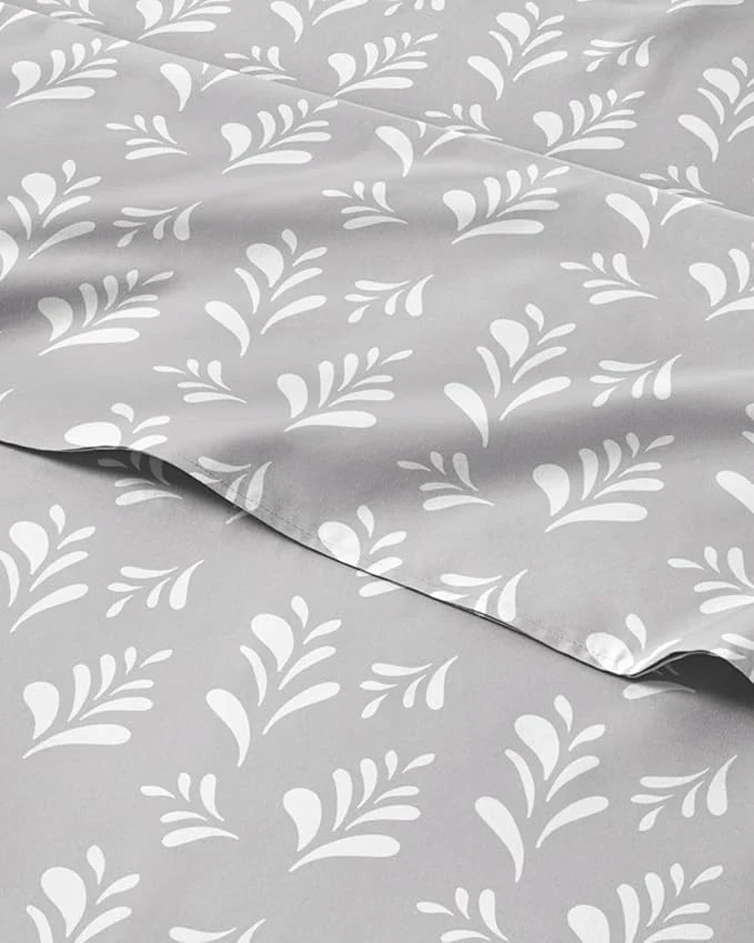 Responsible Floral Sheets - Grey amp White Bed Sheet Set - 1 Flat 1 Fitted amp 2 Pillowcases w Deep Pockets - Comfy Wrinkle amp Fade - Boho Botanical Bedding - Ultra-Soft Breathable amp Cooling - King Size Set Refined