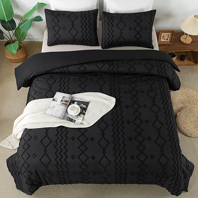 Modern Andency Black Tufted Comforter Set Full 79x90Inch 3 Pieces 1 Tufts Comforter 2 Pillowcases Boho Textured Farmhouse Bed Set Microfiber Down Geometric Bedding Specialty