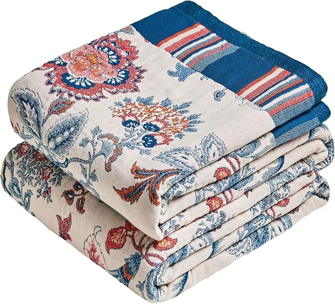 Certified MSGKV Boho Throw Blanket 90 quot x90 quot Cotton Floral Blanket for Bed Spring Breathable Lightweight Queen Blankets All Seasons Home Decor Muslin Detailed