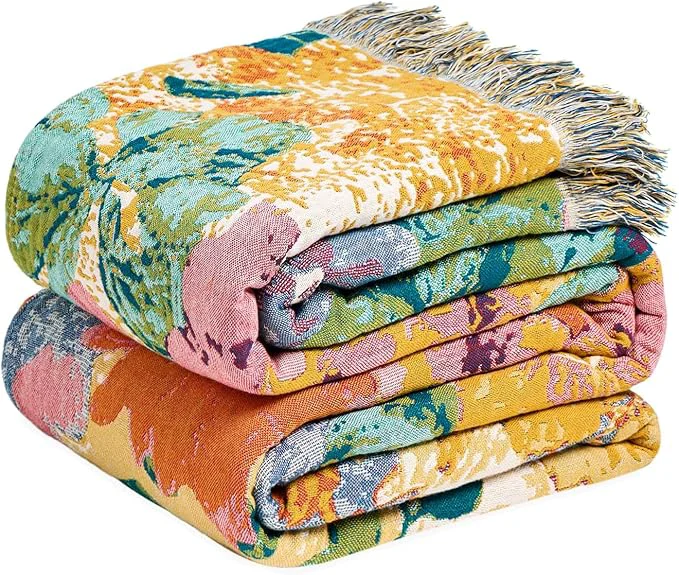 Professional MSGKV Boho Throw Blanket for Bed 60 quot x80 quot Cotton Couch Blankets Floral Twin Size Spring Breathable Farmhouse Blankets All Seasons Lightweight Muslin Clean