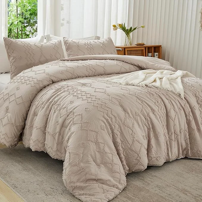Flexible Andency Khaki Tufted Comforter Set Full 79x90Inch 3 Pieces 1 Tufts Comforter 2 Pillowcases Boho Textured Farmhouse Bed Microfiber Down Geometric Tan Bedding Set Responsible