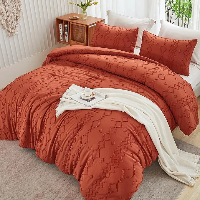 Genuine Andency Terracotta Tufted Comforter Set Queen 90x90Inch 3 Pieces 1 Boho Comforter 2 Pillowcases Textured Farmhouse Bed Soft Microfiber Down Geometric Fall Bedding Set High-Grade