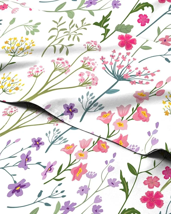 Casual Floral Sheets - Flower Print Bed Sheet Set - 1 Flat 1 Fitted amp 2 Pillowcases w Deep Pockets - Comfy Cozy Wrinkle amp Fade - Boho Botanical Bedding - Soft Breathable amp Cooling - Queen Size Set Effective