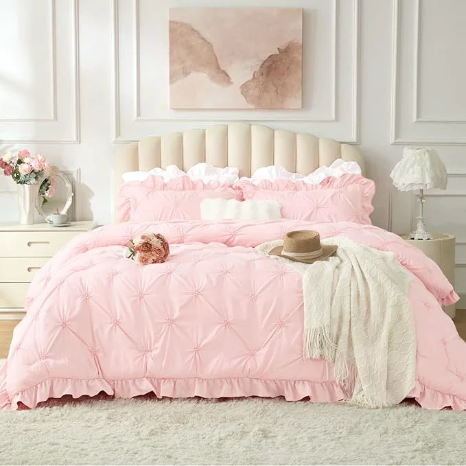 Reusable BEDELITE Baby Pink King Size Comforter Set - 3 Pieces Boho Ruffle Pintuck Bedding Comforter Sets Lightweight Soft amp Warm King Bedding Set with 2 Pillowcases for All Season Dependable
