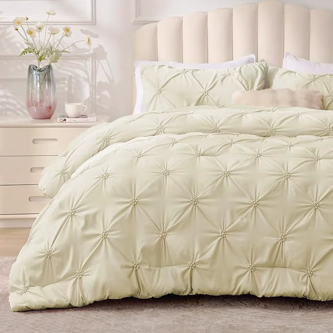 Quality BEDELITE Beige Queen Comforter Set - 3 Pieces Boho Pintuck Bedding Comforter Sets Lightweight Soft amp Warm Bed Comforter Queen with 2 Pillowcases for All Season Secure