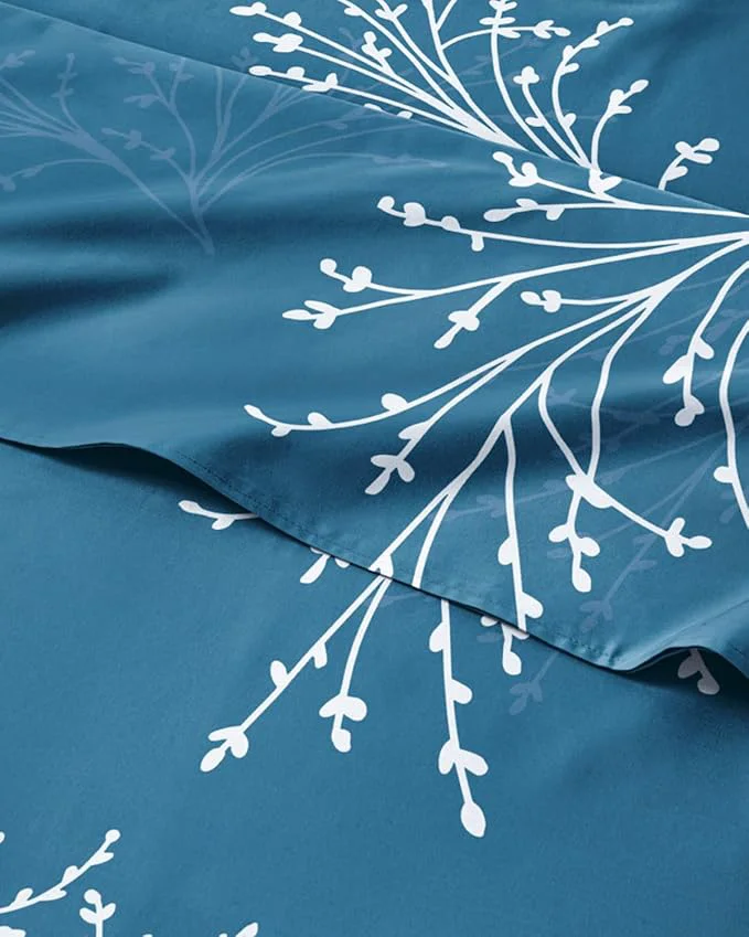 Artisan Floral Sheets - Blue amp White Floral Bed Sheet Set - 1 Flat 1 Fitted amp 1 Pillowcase w Deep Pockets - Wrinkle amp Fade - Boho Botanical Bedding - Ultra-Soft Breathable amp Cooling - Twin XL Size Set Green