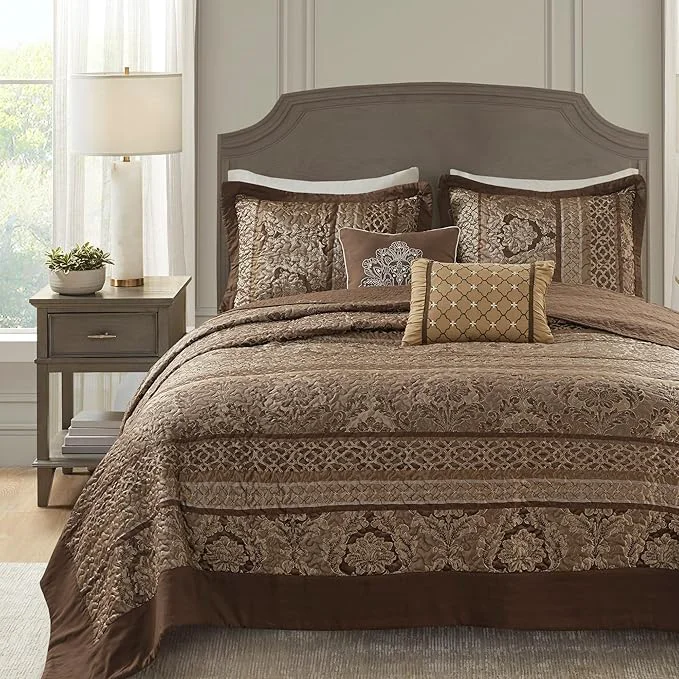 Smart Madison Park Bellagio Reversible Quilted Bedspread Set Solid Reverse Summer Breathable Lightweight All Season Bedding Layer Matching Shams Bedspread King 120 quot x118 quot Brown 5 Piece Contemporary