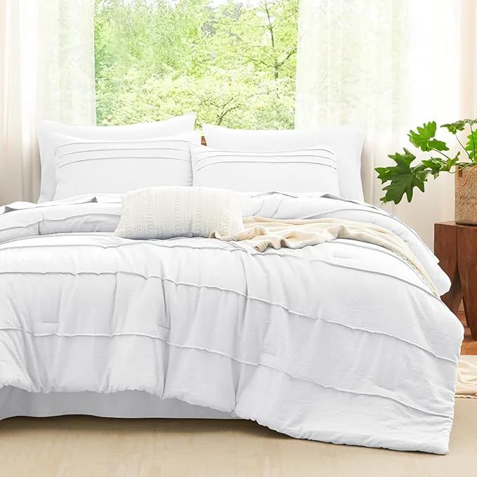 Premium CozyLux Full Size Comforter Sets White 7 Pieces Soft Pinch Pleat Bed in a Bag Full Comforter Set with Sheets Boho Bed Set with Down Comforter Sheets Pillowcases amp Shams Safe
