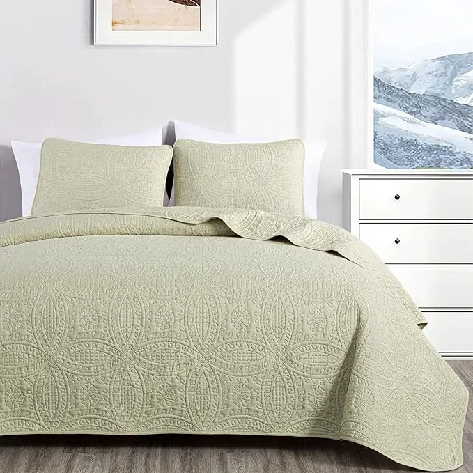 Premium Chezmoi Collection Austin King Bedspread Set Tan 3-Piece Pinsonic Quilted Oversized Coverlet Set Safe