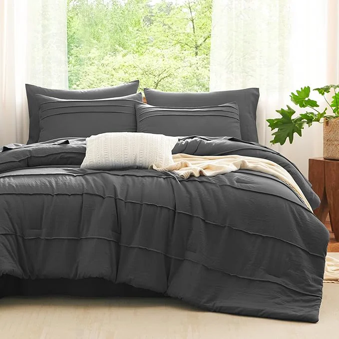 Unique CozyLux Queen Comforter Set Dark Grey 7 Pieces Soft Pinch Pleat Bed in a Bag Queen Comforter Set with Sheets Boho Bed Set with Down Comforter Sheets Pillowcases amp Shams Prestigious