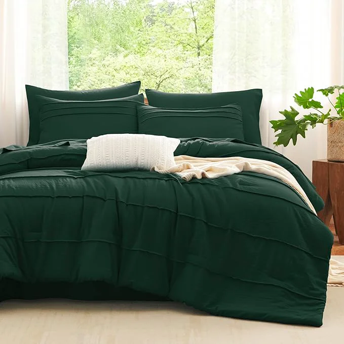 Innovative CozyLux Queen Comforter Set Emerald Green 7 Pieces Soft Pinch Pleat Bed in a Bag Queen Comforter Set with Sheets Boho Bed Set with Down Comforter Sheets Pillowcases amp Shams Original