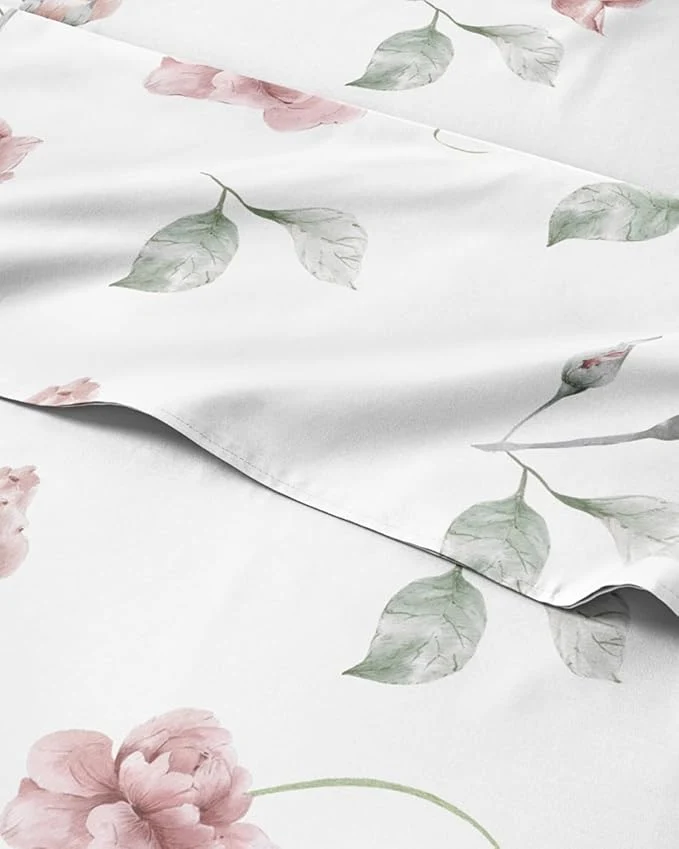 Flexible Floral Sheets - Floral Rose Bed Sheet Set - 1 Flat 1 Fitted amp 1 Pillowcase w Deep Pockets - Comfy Wrinkle amp Fade - Boho Botanical Bedding - Ultra-Soft Breathable amp Cooling - Twin XL Size Set High-Performance