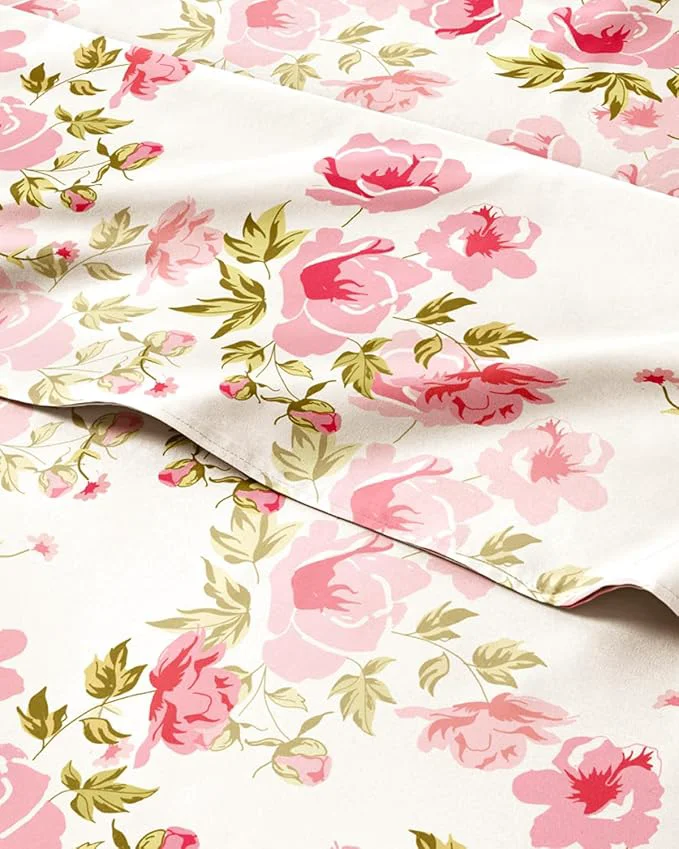 Efficient Floral Sheets - Pink Floral Bed Sheet Set - 1 Flat 1 Fitted amp 2 Pillowcases w Deep Pockets - Comfy Wrinkle amp Fade - Boho Botanical Bedding - Ultra-Soft Breathable amp Cooling - Full Size Set Official