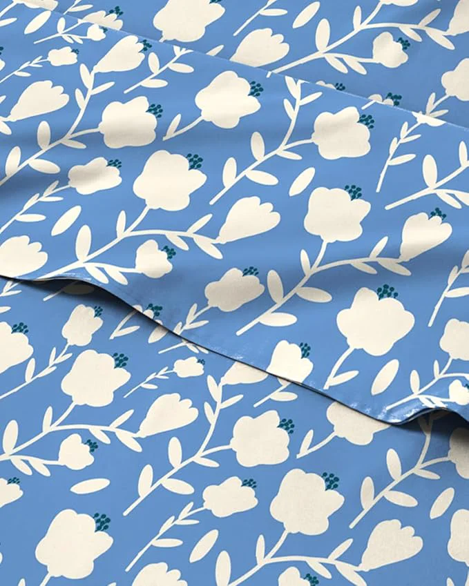 Eco-Friendly Floral Sheets - Blue amp White Bed Sheet Set - 1 Flat 1 Fitted amp 2 Pillowcases w Deep Pockets - Comfy Cozy Wrinkle amp Fade - Boho Botanical Bedding - Soft Breathable amp Cooling - Full Size Set Convenient