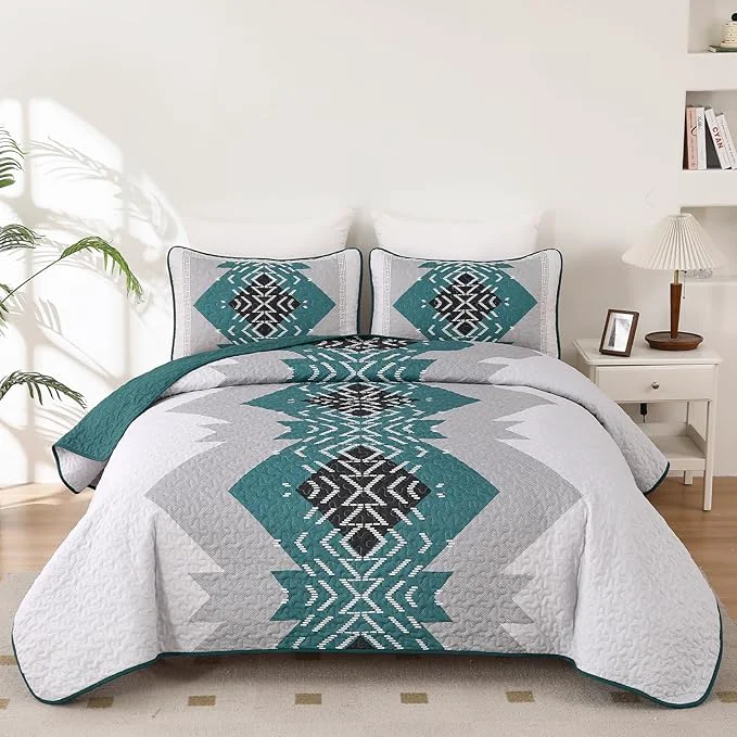 User-Friendly Dintszyayue Teal Boho Quilt Set Queen 3 Pieces Turquoise Aztec Texture Bedspread Coverlet Set with 2 Pillowcases Soft Lightweight Microfiber Bohemian Quilt Bedding Set for All Season 90 quot x96 quot Exclusive