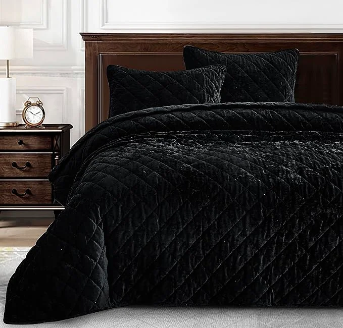 Outstanding Chezmoi Collection Lux Black Velvet Quilt Queen Set 3-Piece Lush Plush Distressed Velvet Bedding All Season Lightweight Comforter Brushed Microfiber Reverse with Diamond Stitch Quilting Proven
