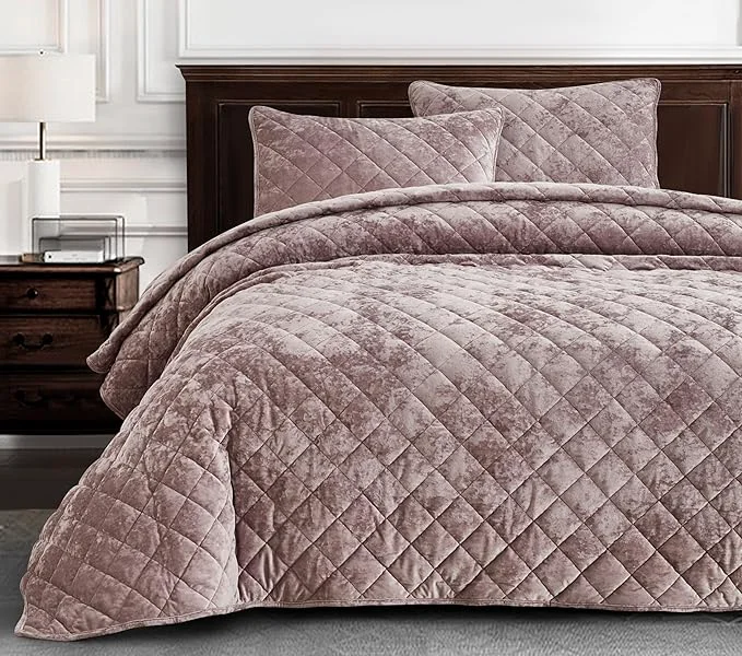 Proven Chezmoi Collection Lux Dusty Pink Velvet Quilt Oversized King Set 3-Piece Plush Distressed Velvet Bedding All Season Lightweight Comforter Brushed Microfiber Reverse with Diamond Stitch Quilting Premium