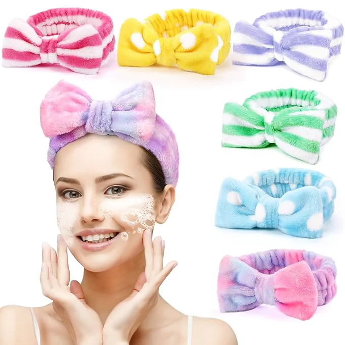 Fine Crafted 6 Pack Spa Headband for Women Skincare Makeup Headband Soft Coral Fleece Bow Clean