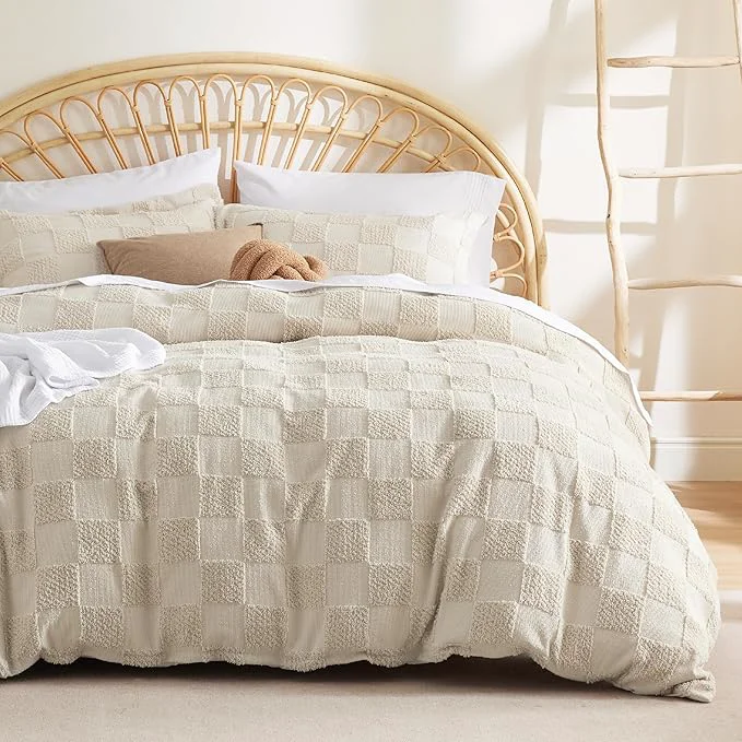 Pure Bedsure Boho Kids Duvet Cover Queen Size（Duvet Insert Comforter not Included - Checkered Duvet Cover Queenfor All Seasons Soft Shabby Chic Boho Bedding Beige 90 quot x 90 quot Superior