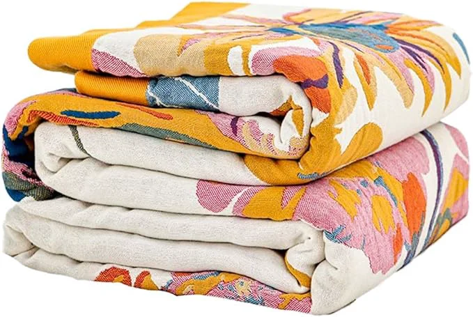 Fast Boho Throw Blanket Cotton Ultra Soft Luxury Throw Rustic Quilt 80 quot x90 quot Floral Bird Butterfly Farmhouse Decor Bed Blankets All Season Rustic Reversible Bohemian Throw for Bed - Yellow Natural