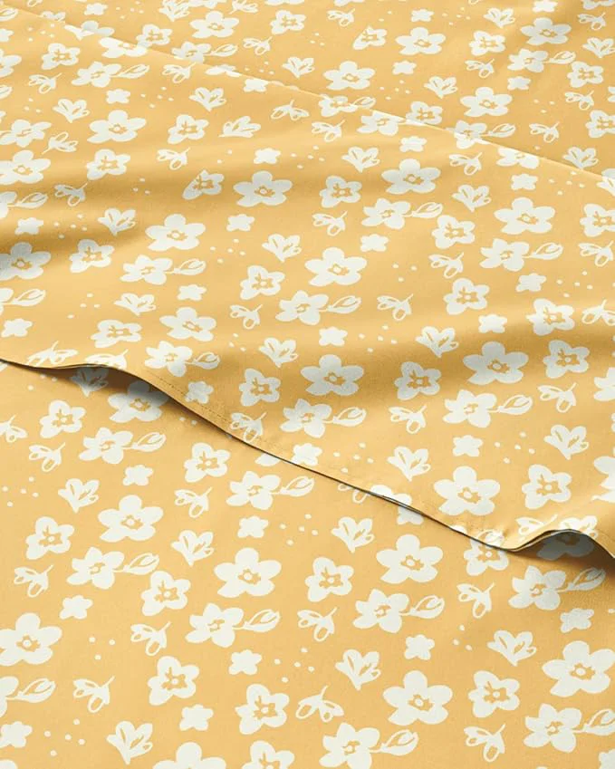 Sustainable Floral Sheets - Yellow Floral Bed Sheet Set - 1 Flat 1 Fitted amp 1 Pillowcase w Deep Pockets - Comfy Wrinkle amp Fade - Boho Botanical Bedding - Soft Breathable and Cooling - Twin XL Size Set Stylish