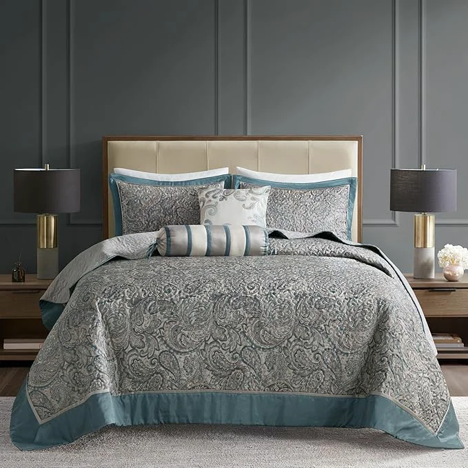 Refined Madison Park Aubrey Reversible Quilted Bedspread Set Solid Reverse Summer Breathable Lightweight All Season Bedding Layer Matching Shams Bedspread Queen 102 quot x118 quot Teal 5 Piece Superior