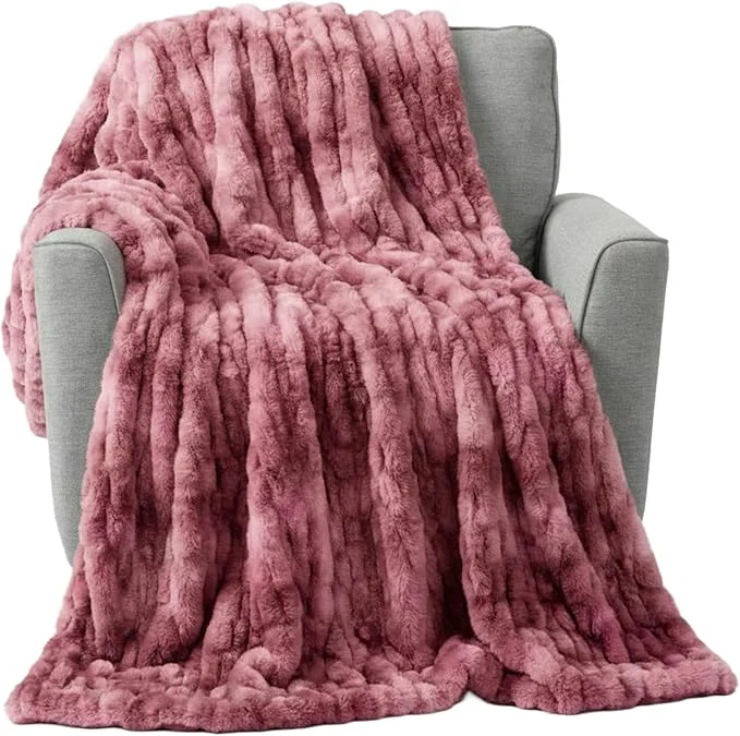 Versatile Lavish Home Oversized Ruched Faux Fur Blanket - 60x80-Inch Plush Polyester Faux Fur Queen-Size Throw for Sofas and Beds - Luxurious Bedding Pink Genuine