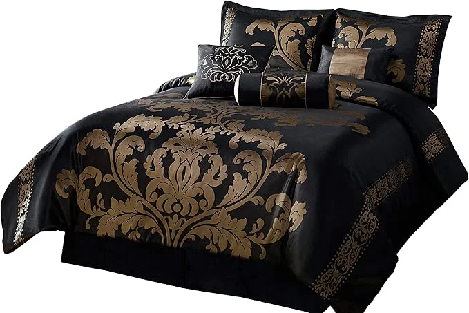 Consistent Chezmoi Collection 7-Piece Jacquard Floral Comforter Set Bed-in-a-Bag Set King Black Gold Specialty
