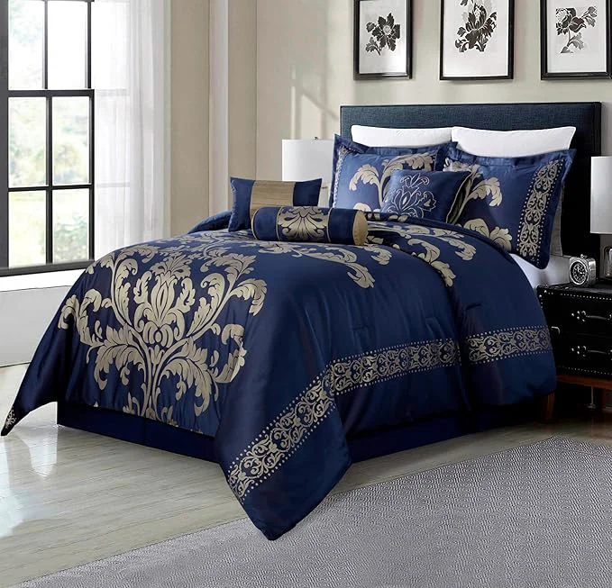 Certified Chezmoi Collection Royale 7-Piece Jacquard Floral Comforter Set Oversized King Navy Gold Powerful