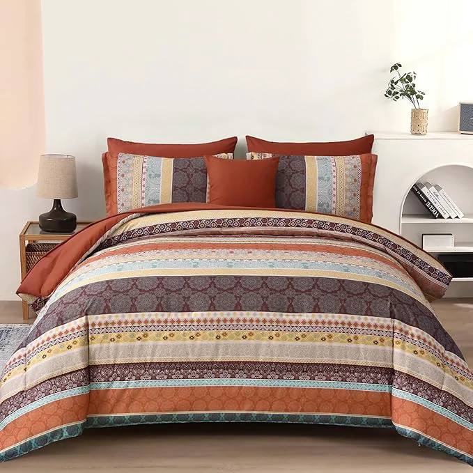 Clean Cottolester Boho Comforter Set King Size 8 Pieces Red and Orange Bohemian Striped Bed in a Bag Paisley Soft Microfiber Bedding Comforter Set Refined