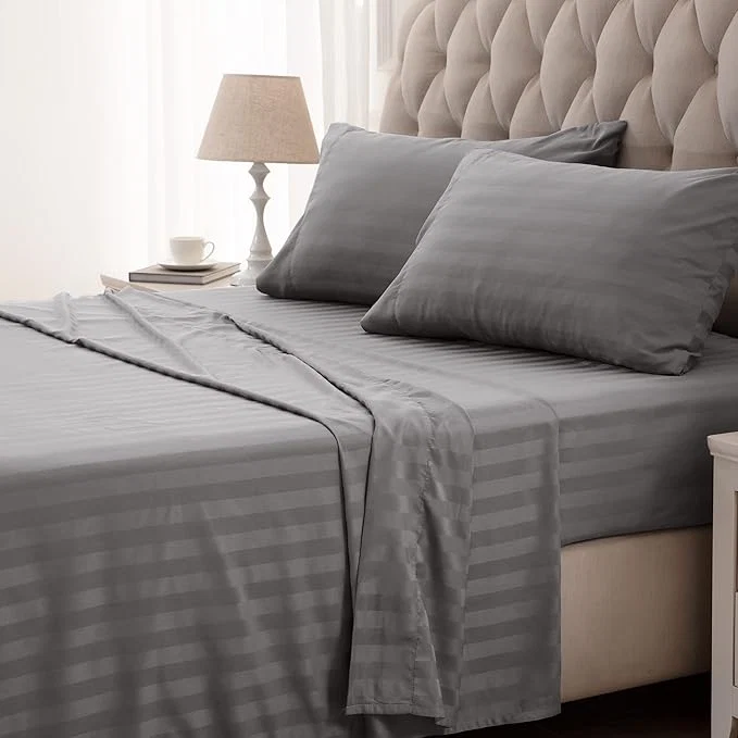 SLEEP ZONE Striped Cooling Queen Sheets Set - Fitted Flat Sheet amp Pillowcase Sets 4 Piece - Super Soft Stripe Bed Sheet Easy Care Deep Pocket Gull Grey Queen Original