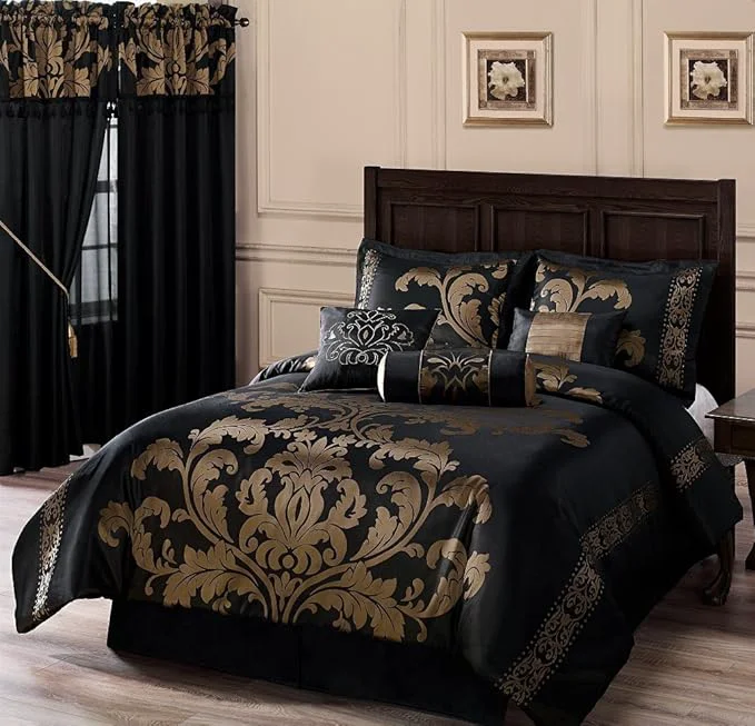Unique Chezmoi Collection Royale 7-Piece Jacquard Floral Comforter Set Oversized King Black Gold Prestigious