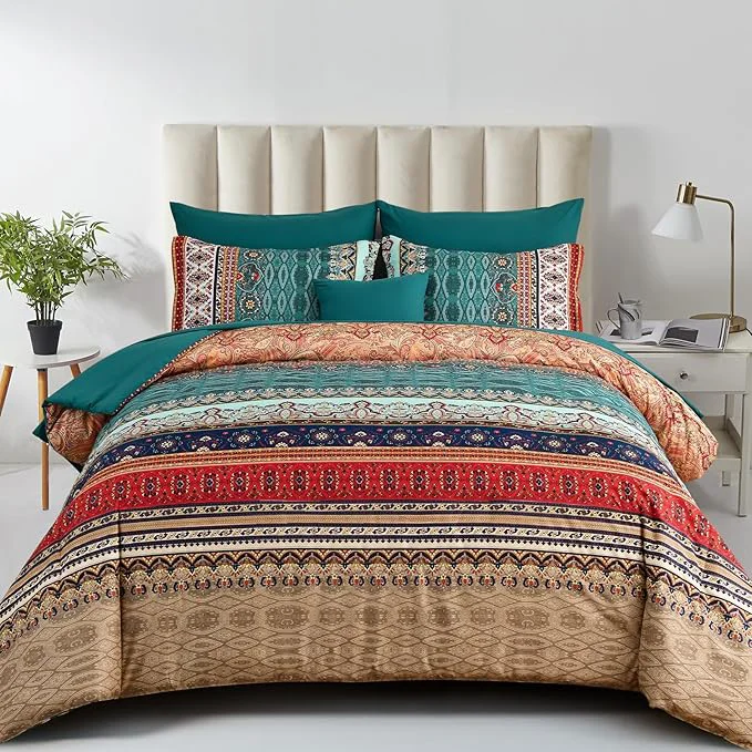 Smart Boho Comforter Set California King Size 8 Pieces Green and Brown Bohemian Striped Bed in a Bag Floral Soft Microfiber Bedding Comforter Set for All Seasons Versatile