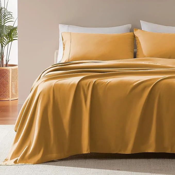 Clean SLEEP ZONE Nanotex Super Soft Cooling Full Size Bed Sheets Set 4 Piece - Easy Care Fitted Flat Sheet amp Pillowcase Sets - Wrinkle Fade Resistant Deep Pocket 16 quot Dull Yellow Full First-Class