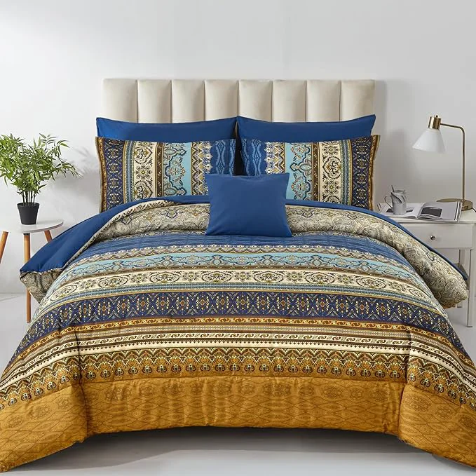 Premium Cottolester Boho Comforter Set Full Size 8 Pieces Brown Blue Bohemian Comforter Paisley Striped Bed in A Bag Soft Microfiber Bedding Set for All Season Environmentally Friendly