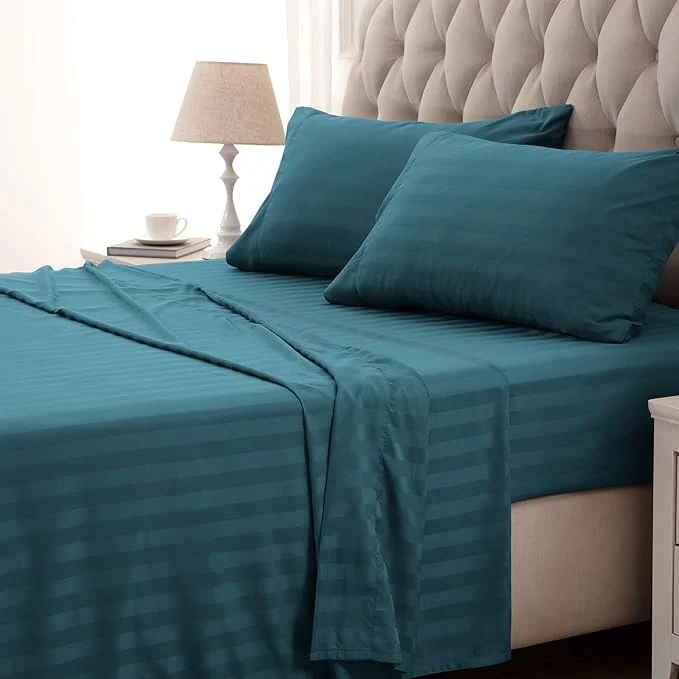Healthy SLEEP ZONE Striped Cooling Sheets Set King Size - Fitted Flat Sheet amp Pillowcase Sets 4 Piece - Super Soft Stripe Bed Sheet Easy Care Deep Pocket Teal King Excellent
