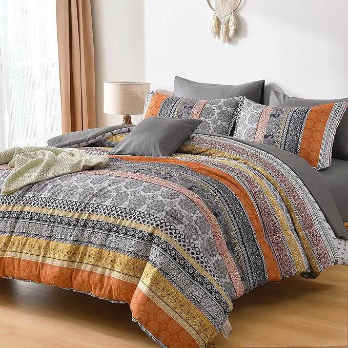 Clean Cottolester Boho Comforter Set Queen Size 8 Pieces Orange Bohemian Striped Bed in a Bag Paisley Soft Microfiber Bedding Comforter Set Stylish