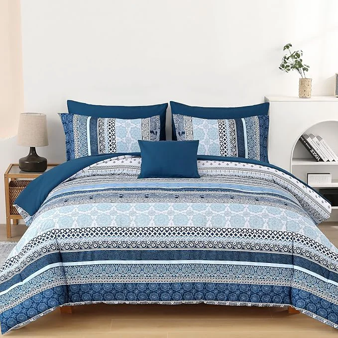 Advanced Boho Comforter Set Queen Size 8 Pieces Navy Blue Bohemian Striped Bed in a Bag Paisley Soft Microfiber Bedding Comforter Set Clean