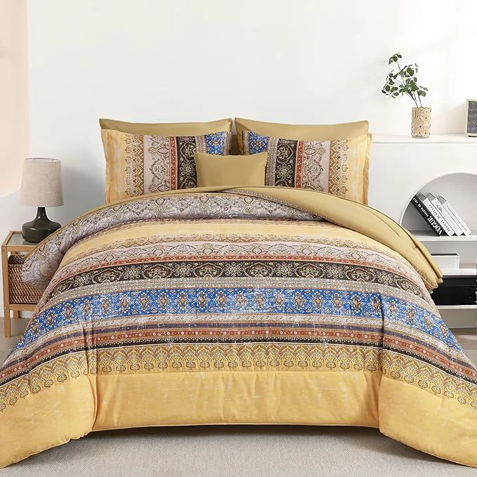 Organic Cottolester Boho King Size Comforter Set 8 Pieces Yellow Bohemian Striped Bed in a Bag Paisley Soft Microfiber Bedding Comforter Set Next-Generation