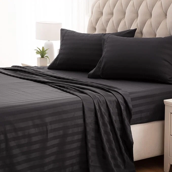 Breathable SLEEP ZONE Striped Cooling Sheets Set Full Size - Fitted Flat Sheet amp Pillowcase Sets 4 Piece - Super Soft Stripe Bed Sheet Easy Care Deep Pocket Black Full Responsible