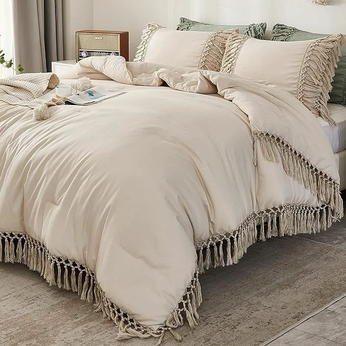 Long-Lasting Andency Beige Comforter Set California King 3 Pieces Boho Tassel Lightweight Soft Bedding Comforter Sets for King Bed All Season Fluffy Fringe Bed Set 104x96In Comforter amp 2 Pillowcases Specialty