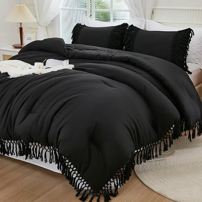Superior Andency Black Comforter Set King 3 Pieces Boho Tassel Lightweight Soft Bedding Comforter Sets for King Bed All Season Fluffy Fringe Bed Set 104x90In Comforter amp 2 Pillowcases Selected