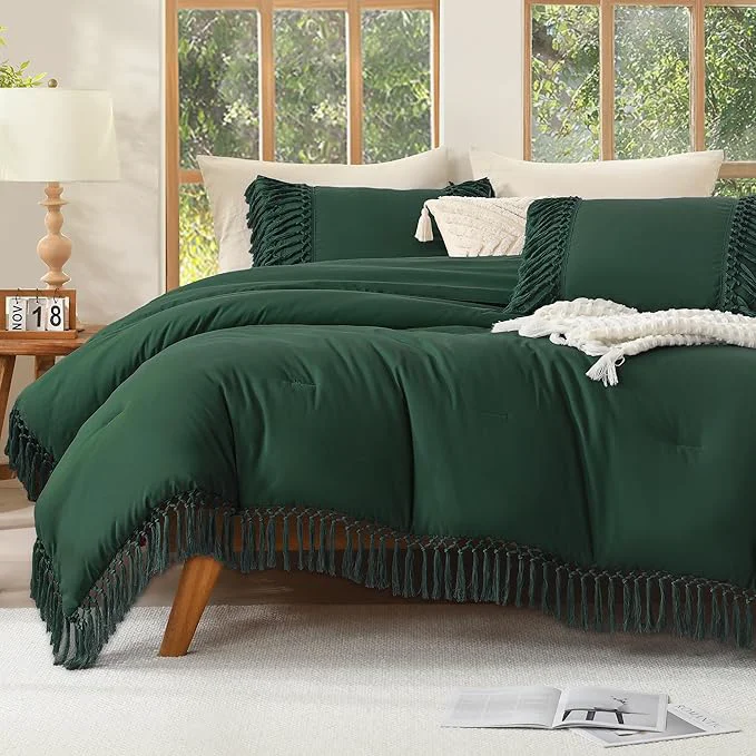 High-Performance Andency Emerald Dark Green Comforter Set Queen 3 Pieces Boho Tassel Lightweight Vintage Soft Bedding Comforter Sets All Season Fluffy Fringe Bed Set 90x90In Comforter amp 2 Pillowcases Official