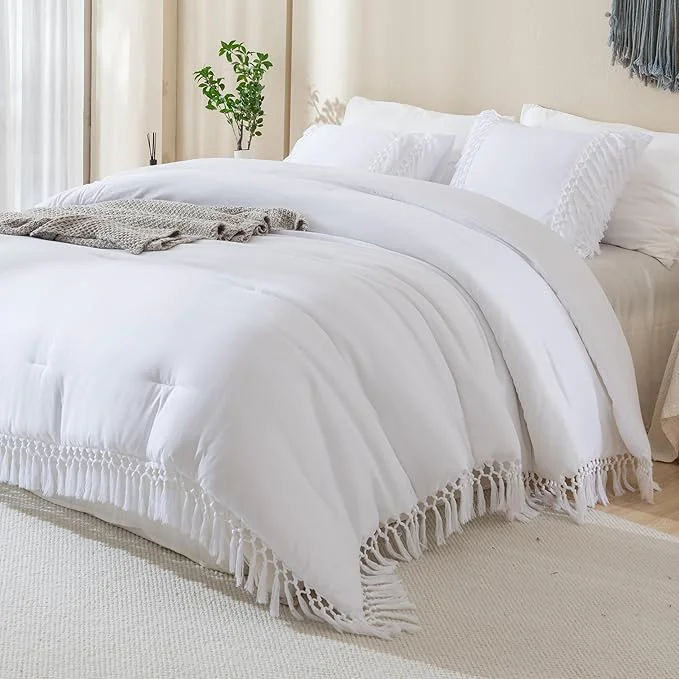 Premium Material Andency White Comforter Set California King 3 Pieces Boho Tassel Lightweight Soft Bedding Comforter Sets for King Bed All Season Fluffy Fringe Bed Set 104x96In Comforter amp 2 Pillowcases Fashionable