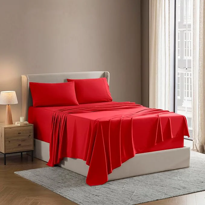 Pure Nestl Short Queen Sheet Set - 1800 Ultra-Soft Microfiber - Double Brushed - Deep Pockets - Easy Fit - 4 Piece Set - Bed Sheets Short Queen Red Outstanding