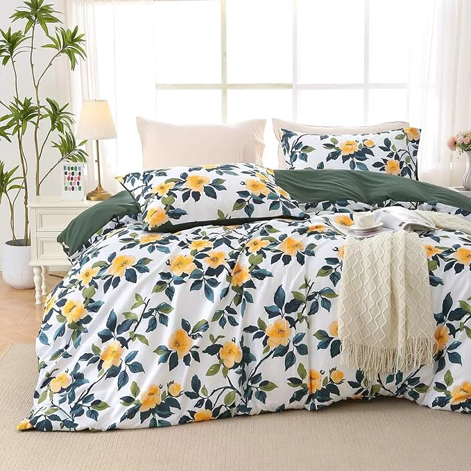 Duvet Cover King Size Reversible Floral Vintage Duvet Cover Set with Zipper Closure 3 Pieces Botanical Patterns Soft Microfiber Bedding Set 90 quot x104 quot 2 Pillow Cases 20 quot ×36 quot Winter Jasmine Green High-Grade