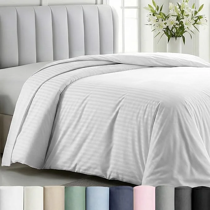 Contemporary California Design Den Twin XL Twin Duvet Cover Cotton Only - Premium 400 Thread Count Natural Cotton Duvet Cover Only Soft Sateen Weave Button Closure and Corner Ties - Striped White Specialty