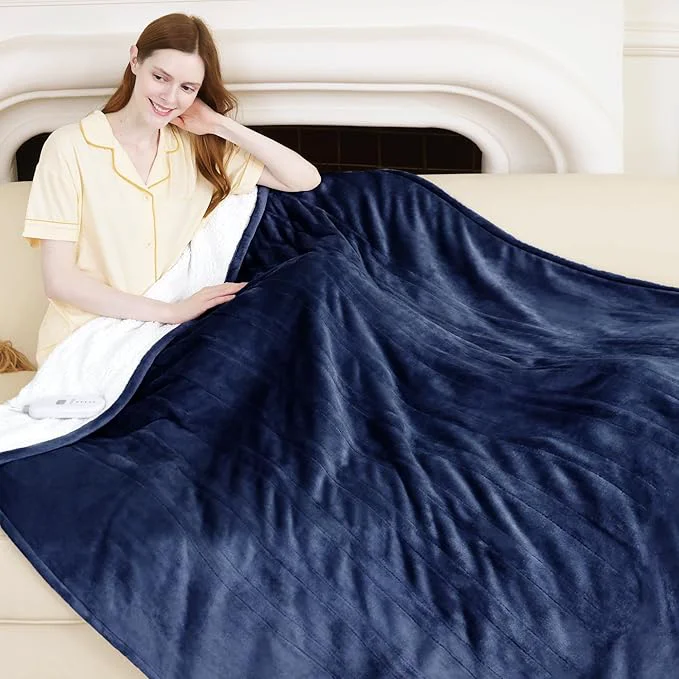 Consistent Heated Throw 50 quot x 60 quot - Soft Flannel Sherpa Electric Blanket with 5 Heating Levels amp 4 Hours Auto Off Heating Blanket Throw as a Gift for Grandma Machine Washable Navy Fine Crafted