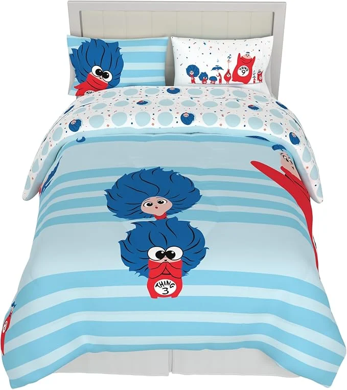 Official Dr Seuss The Cat in The Hat Movie Set Full Size 5 Piece Kids Super Soft Cozy Reversible Comforter and Sheet Set Thing 1 Thing 2 Thing 3 ly Licensed Product By Franco Durable Reversible ly Licensed Smart