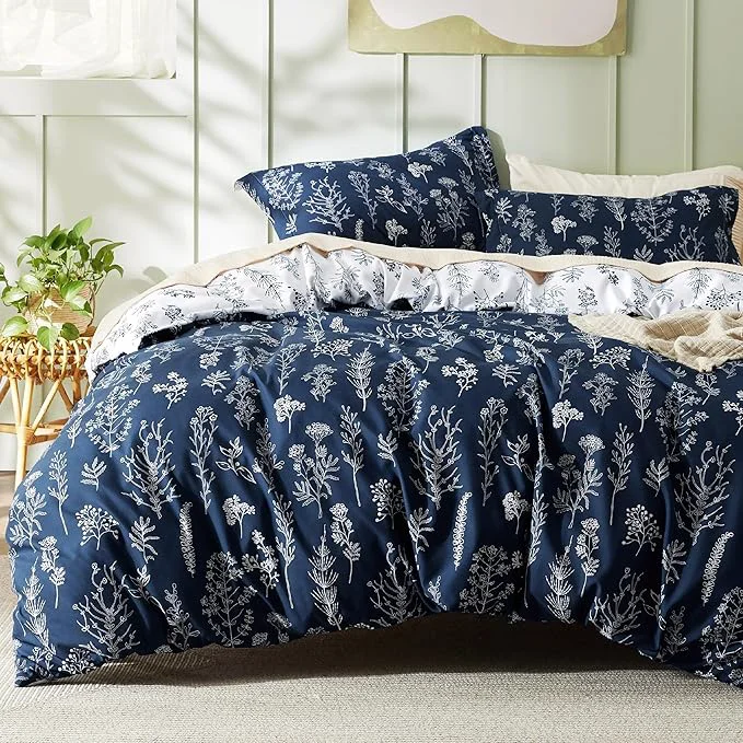 Elegant Bedsure Duvet Cover Full Size - Reversible Navy Blue Full Duvet Cover Set with Zipper Closure 3 Pieces Cute Floral Botanical Bedding Set with 8 Corner Ties and 2 Pillow Shams Superior
